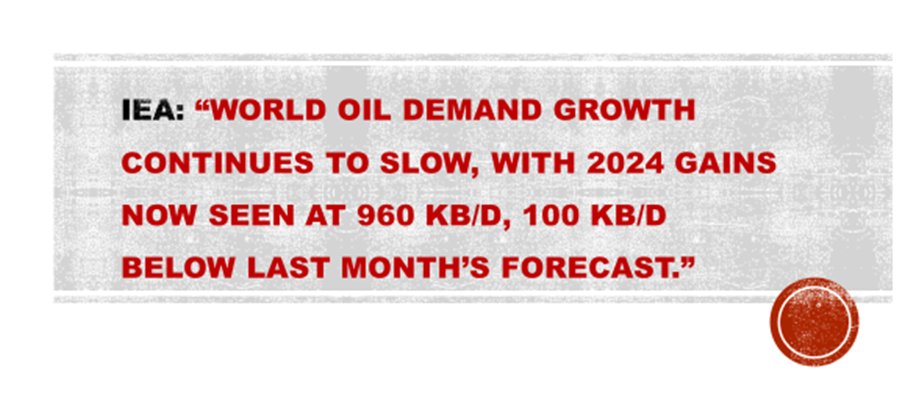 anasalhajji's tweet photo. We reiterate our view that global oil demand will grow by 1.48 mb/d in 2024! 

Looking at IEA's report: It is funny how slow economic growth affect oil only!