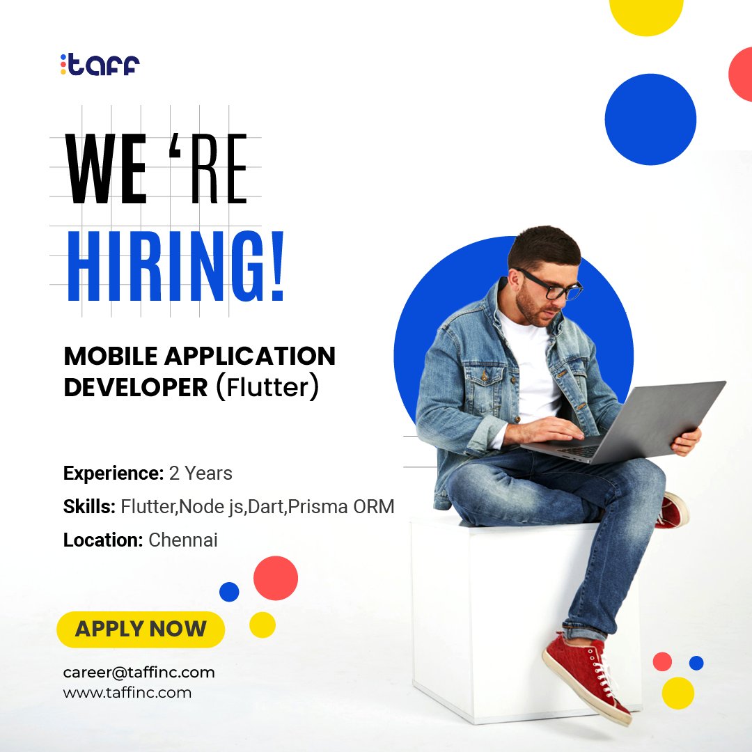 TAFF_Inc's tweet image. Join our dynamic team at Taff Inc! We're looking for a talented Mobile Application Developer (Flutter) in Chennai.
Apply now at career@taffinc.com
#Hiring #JobOpening #MobileApplicationDeveloper #FlutterDeveloper #ChennaiJobs #flutter