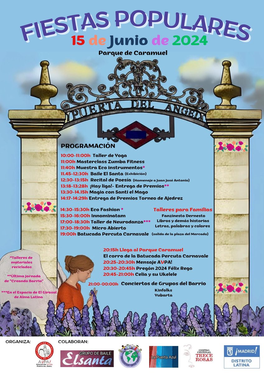 Aquí !  Ya está !! El programa de  Fiestas - Puerta del Ángel elaborado con mucho cariño 🫶 
✍️Comienzan a las 10:00 y terminan a media noche 🌛
🫶 Yoga, deporte, talleres, música, ajedrez, miro abierto, conciertos, zumba,  magia,.
‼️Un montón de sorpresas       A DISFRUTAR ‼️