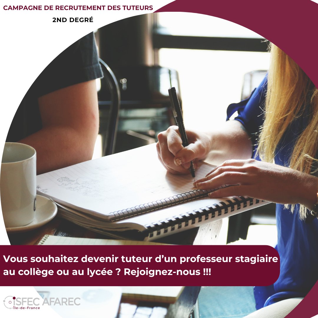 ISFEC_AFAREC's tweet image. Campagne recrutement tuteurs 2024-2025 (2nd degré) : “Accompagner, guider, escorter...” un professeur stagiaire au collège ou au lycée… vous vous sentez attirés par la mission : dernière ligne droite pour candidater !!!
Pour plus d’informations : urlr.me/K94rx
#tutorat