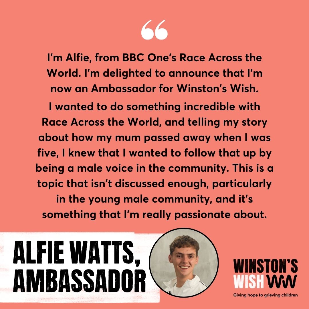 Meet our newest Ambassador! Alfie, winner of #RaceAcrossTheWorld, has joined us as a Winston's Wish #Ambassador and is especially passionate about encouraging young males to talk about their grief. 🙌 
 
We’re excited to have Alfie on board and look forward to working together!