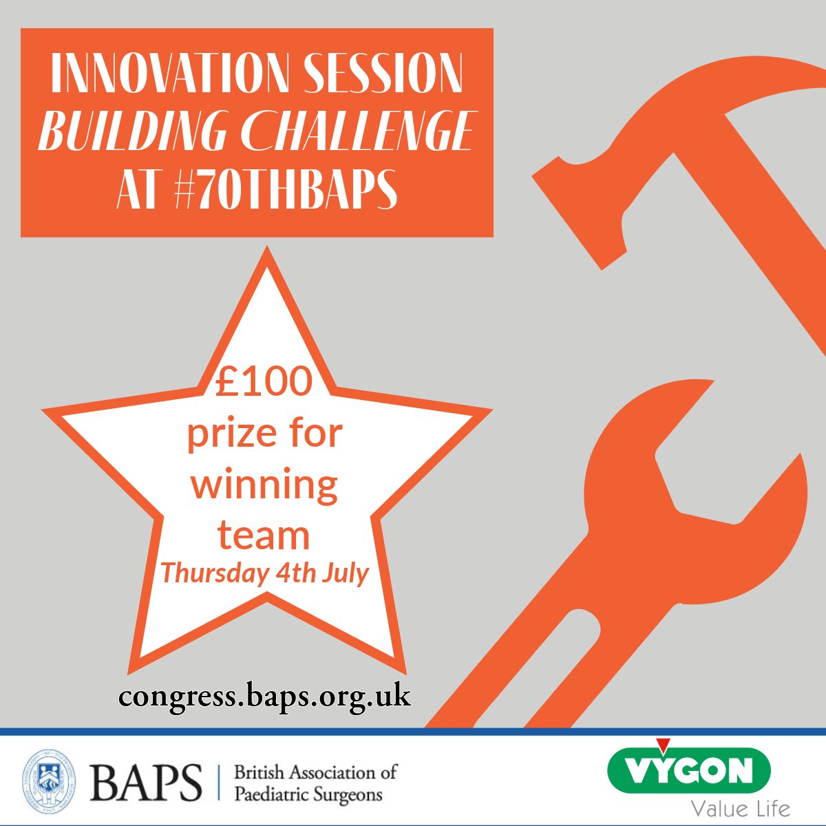BAPSCongress's tweet photo. We're delighted to announce another prize at our #70thBAPS. @vygonuk are sponsoring our Building Challenge to be judged by Innovation Session Chair, @ihennessey on Thursday 4th July, Sheffield City Hall.
@TriPS_PaedSurg @BAPES17 @BAPUSurgeons #some4pedsurg https://t.co/VwBBlwKsqZ