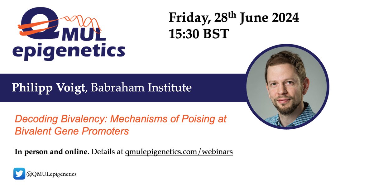 @qmulepigenetics (@qmulepigenetics) on Twitter photo You are pleased to announce that Philipp Voigt (Babraham Institute) will speak at the <a href="/QMULepigenetics/">@qmulepigenetics</a> seminar series. Title "Decoding Bivalency: Mechanisms of Poising at Bivalent Gene Promoters" 28th June, 15:30 BST in person at <a href="/blizard_inst/">Blizard Institute</a> or online qmulepigenetics.com/webinars You are pleased to announce that Philipp Voigt (Babraham Institute) will speak at the <a href="/QMULepigenetics/">@qmulepigenetics</a> seminar series. Title "Decoding Bivalency: Mechanisms of Poising at Bivalent Gene Promoters" 28th June, 15:30 BST in person at <a href="/blizard_inst/">Blizard Institute</a> or online qmulepigenetics.com/webinars