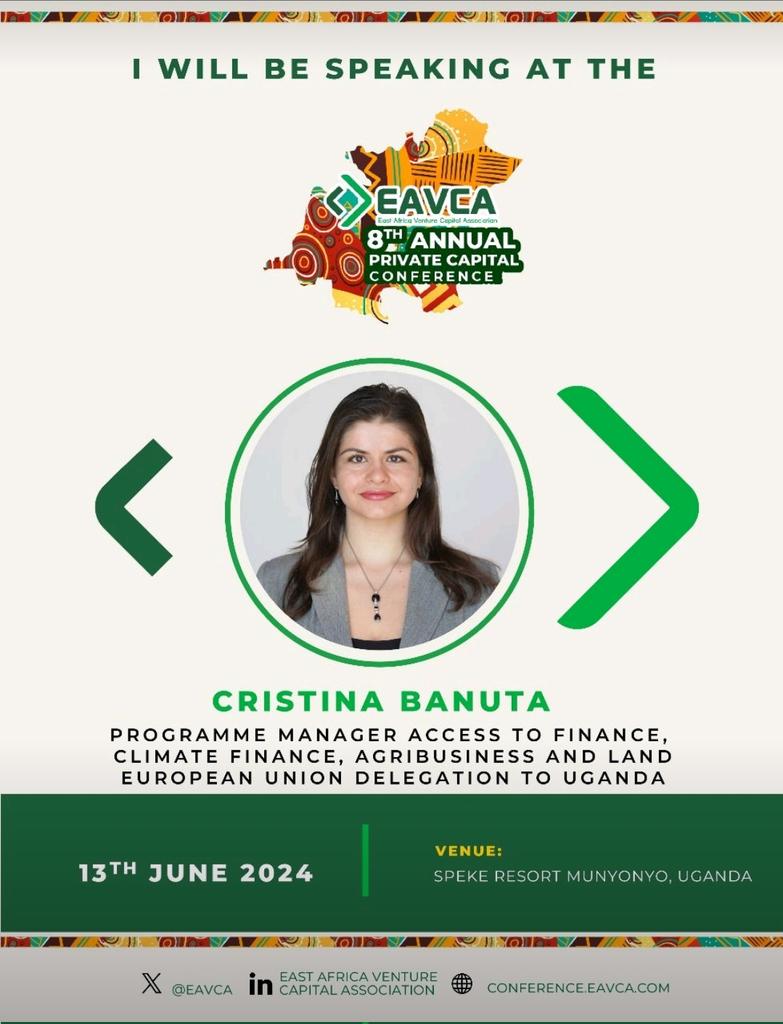 cristina_banut's tweet image. I am excited to share insights on EU experiences in #MSMEfunding at the @EAVCA Annual Private Capital Conference 2024 happening tomorrow in Kampala.
#EUinUG #EUandUganda
#EAVCA #PrivateCapital
#MSME
@EUinUG