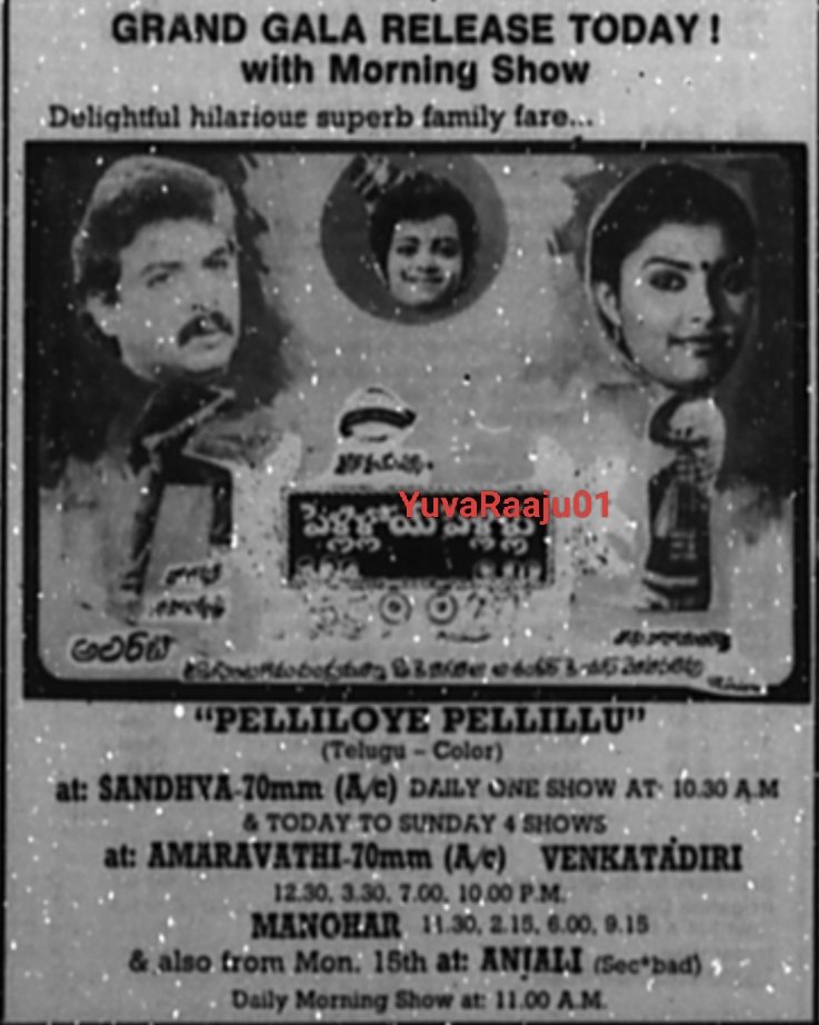 YuvaRaaju01's tweet image. #37YearsForPelliloyePellilu
Starring: @ItsActorNaresh 

Secbad - MANOHAR - 7Days RUN Replaced with #MuvvaGopaludu 

ONLY MRNG SHOWS:
Hyd - SANDHYA 70MM - 13Days RUN Replaced with #Trimurthulu