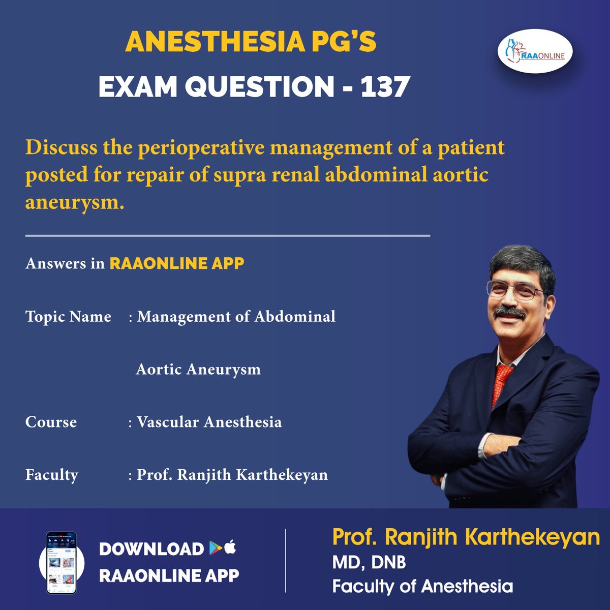 Raaonline's tweet photo. Anesthesia PG's Exam Question 137 - Management Of Abdominal Aortic Aneurysm on RAAONLINE App.
Android: https://t.co/fSlaHVpc0T
IOS: https://t.co/oJAMS4dSCa
Contact: 9994994266
#Raaonline #pastexampapers #examquestions #anesthesia #Abdominal #anesthesianotes #Aortic #Aneurysm https://t.co/3CzZ8l4SdK
