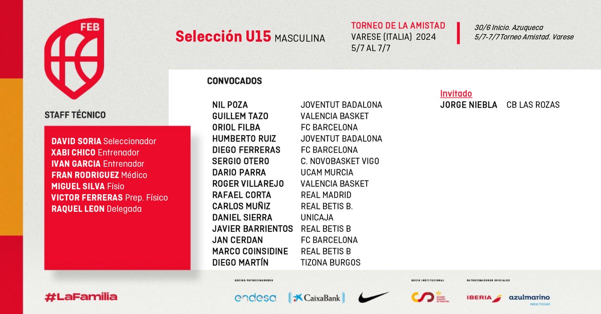 BaloncestoESP's tweet photo. 🚨 OFICIAL | 1⃣5⃣ jugadores CONVOCADOS con la #U15M 🇪🇸 

🏆 Torneo de la Amistad
📆 5-7 julio
📍 Varese 🇮🇹

#SomosEquipo https://t.co/ayo0CXt9vF