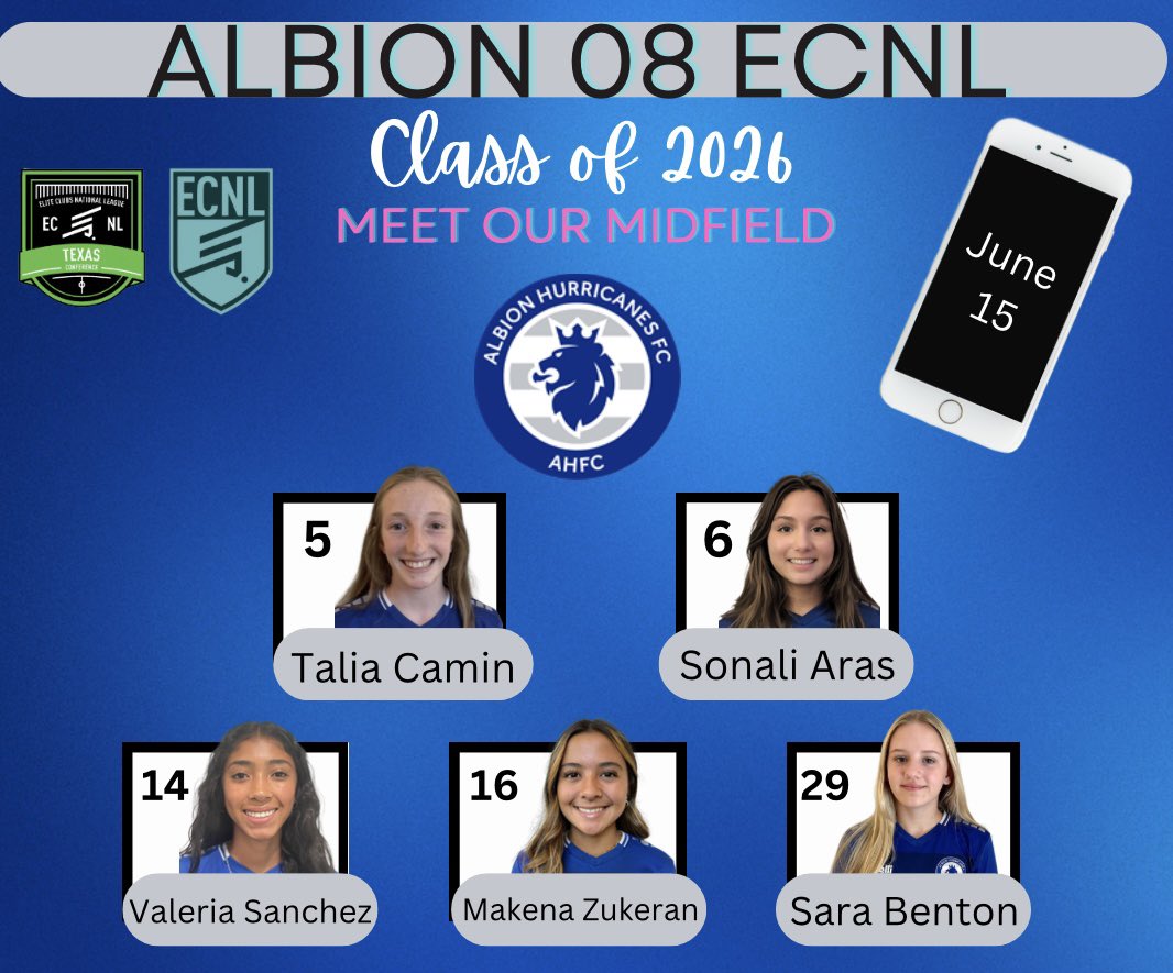 We are 3 days away from our Class of 2026 beginning their recruitment process.  Coaches, check out our talented group of midfielders.

<a href="/taliacamin08/">Talia Camin</a> 
<a href="/SonaliAras/">Sonali Aras</a> 
<a href="/MakenaZukeran/">Makena Zukeran</a> 
<a href="/sara57318/">Sara Benton_2026 midfielder</a> 

You can catch them in action June 22-27 in Seattle for ECNL Playoffs!