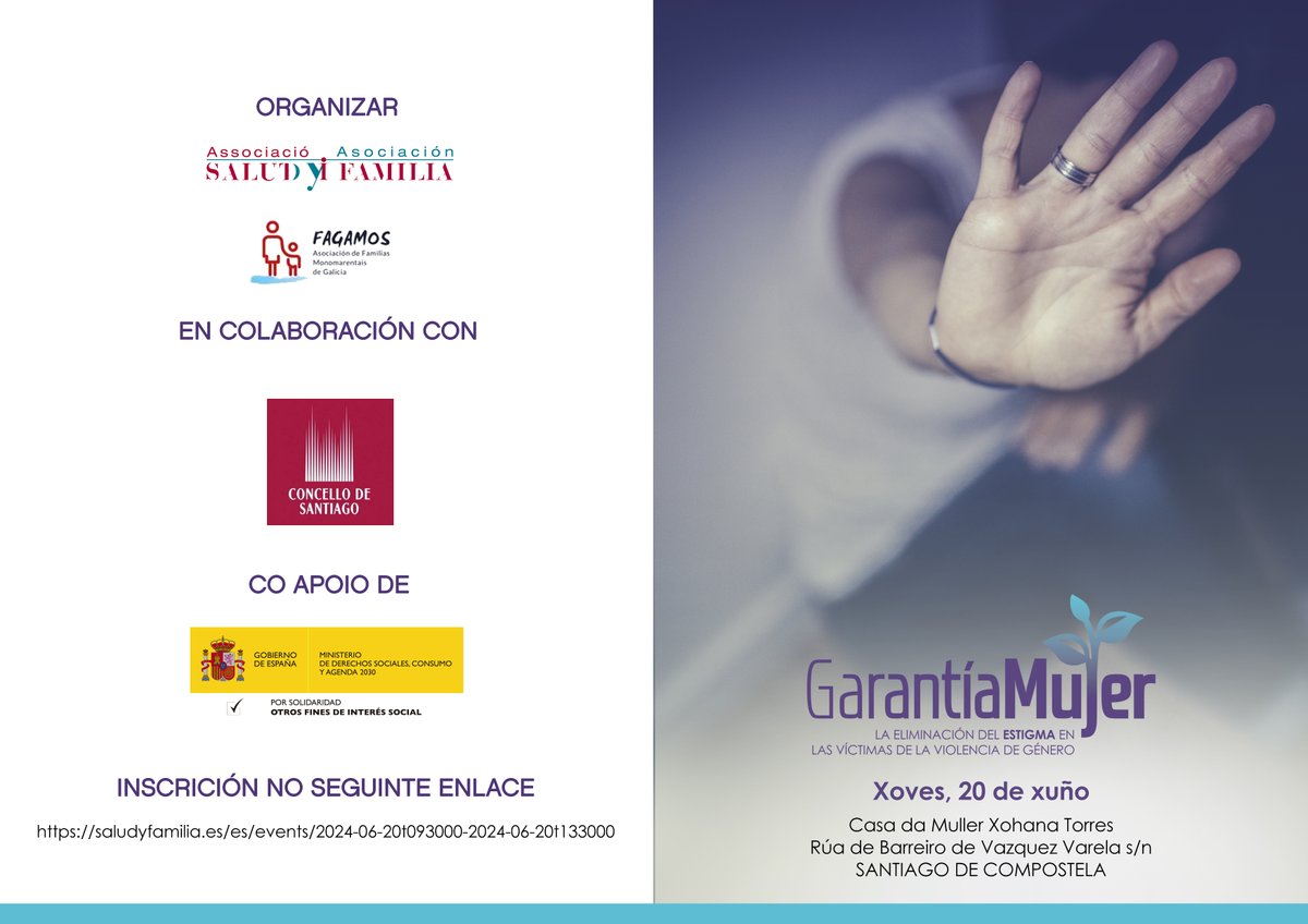 📆 20 Junio 2024
⏰ 9:30 -13:45
📍 Casa de las Mujeres Xohana Torres - Santiago Compostela
<a href="/FAGAMOS/">Asoc. Familias Monomarentais de Galicia - FAGAMOS</a>

✍️ Inscripciones: 

saludyfamilia.es/es/events/2024…