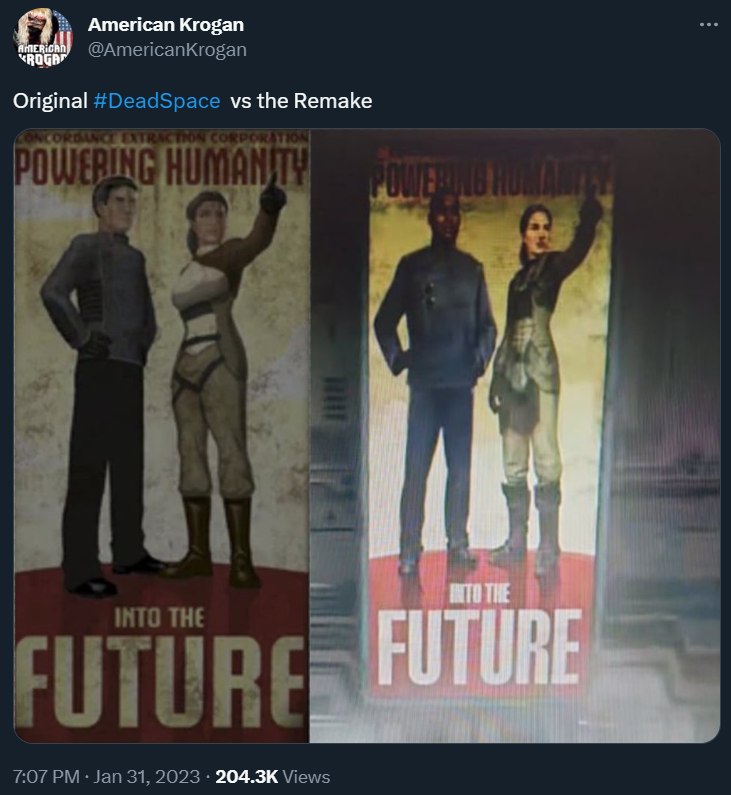 mayorcete's tweet photo. ¿Lo del remake de Dead Space que puta mierda es?
- Baño inclusivo
- Cambiar blancos por negros
- Poner al hombre más atrás para que no quite protagonismo al gesto de la mujer
- Quitarle pecho a la mujer y dejarla plana
(puto miedo progre a las tetas. nunca lo entenderé) https://t.co/35mZWfo0pj