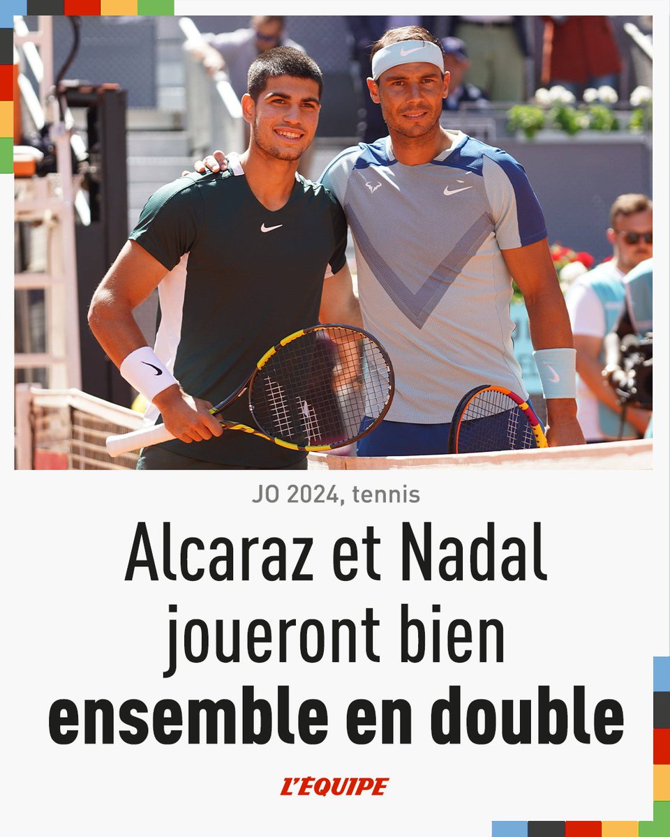 lequipe's tweet photo. Carlos Alcaraz et Rafael Nadal seront bien associés en double aux JO de Paris 2024. David Ferrer, le sélectionneur de l'Espagne pour les Jeux, l'a officialisé mercredi https://t.co/nPuwqprzSf https://t.co/YHpcChjJgn