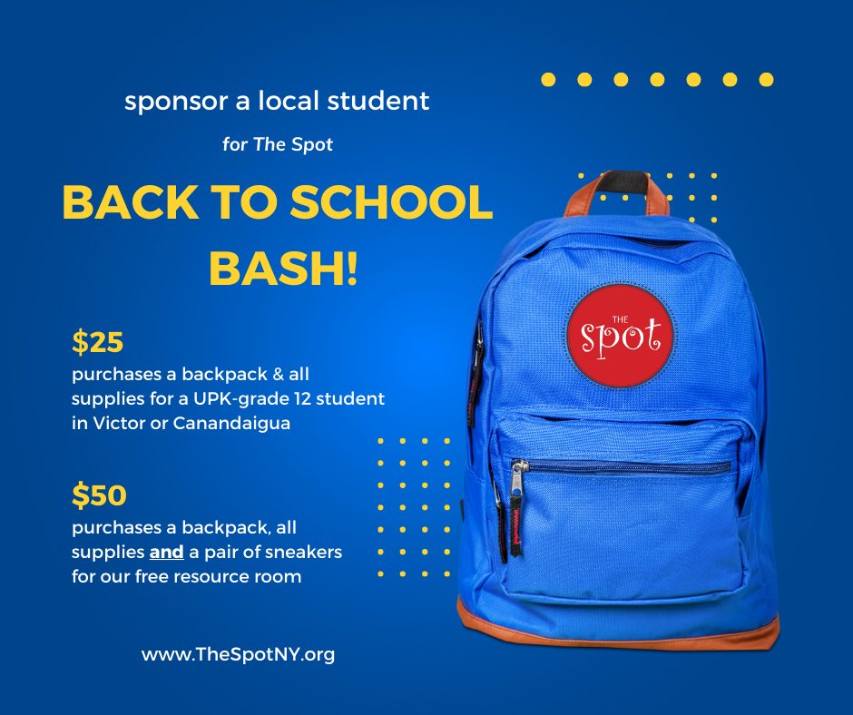 Registrations for our 8th Annual Back to School bash are rolling in and we need your help! Our organization will assist 700+ students this August with new backpacks and supplies-a donation of $25 sponsors a local student. Learn more: thespotny.org