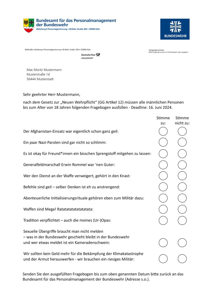 dfgvk_bv's tweet image. Exklusiv: Wir haben den #Fragebogen, den im Zuge der neuen #Wehrpflicht von Verteidigungsminister #Pistorius alle jungen Männer ausfüllen müssen: