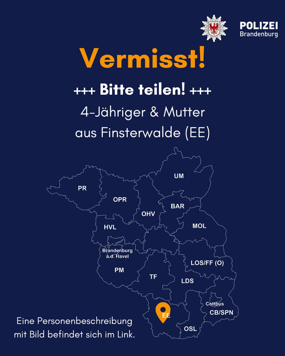 #Fahndung 
Die Polizei sucht in Finsterwalde (EE) &amp; Sachsen-Anhalt <a href="/Polizei_LSA/">Polizei Sachsen-Anhalt</a> nach einem vermissten 4-Jährigen &amp; seiner Mutter. Sie sind am 08.06.24 nicht in die Mutter-Kind-Einrichtung zurückgekehrt.  

Hinweise an ☎️ 03531-781-0.  

Bild &amp; Infos: polizei.brandenburg.de/fahndung/vermi…