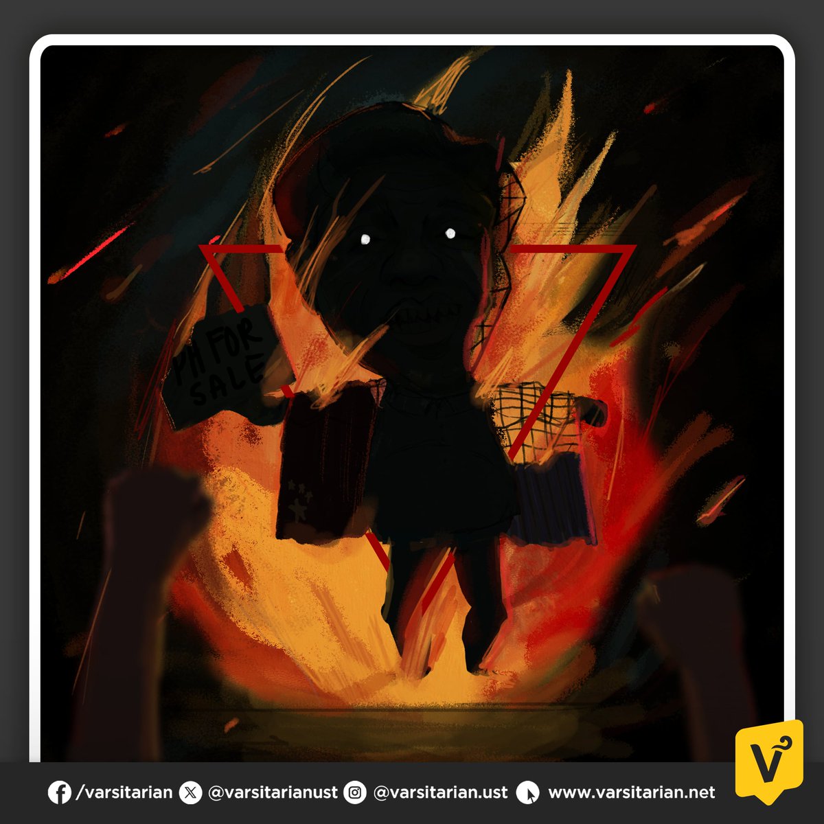 varsitarianust's tweet photo. #TOMASining: “Eskarlata”
Ni Kristine Sioson
Ikalawang Gantimpala, Gawad Ustetika 2002
Naghimagsik sa lansangan ang mga alipato
Nang masalat nito ang ulirat ng panulat na kulay-pula
Lumiyab, lumipad, napadpad sa palad ng mga Santo.
Napaso sa ningas ng triyanggulo:
Imperyalismo, pyudalismo’t kolonyalismo. Nakiisa,
Naghimagsik sa lansangan ang mga alipato.
Kahit ituring man na latak sa kastilyo
ng mga huwad na pinuno’y hindi nangamba.
Lumiyab, lumipad, napadpad sa palad ng mga Santo
Ang kanilang mga hilagyo na binutas ng mga punglo.
Nag-alimpuyo ang siga, nagsuot ng eskarlata.
Naghimagsik sa lansangan ang mga alipato.
Umiikot-ikot, umuulit-ulit, ang ganitong sirkulo.
Lubusang sumisidhi kanilang ipinaglalabang diwa.
Lumiyab, lumipad, napadpad sa palad ng mga Santo
Lumuluwang ang puwang sa pagitan ng hilaga at timog sa mundo.
Umaalingawngaw ang pagtangis ng apoy sa lupa,
Naghimagsik sa lansangan ang mga alipato.
Lumiyab, lumipad, napadpad sa palad ng mga Santo.
(Dibuho ni Michelle Ann C. Kalaw/ The Varsitarian)