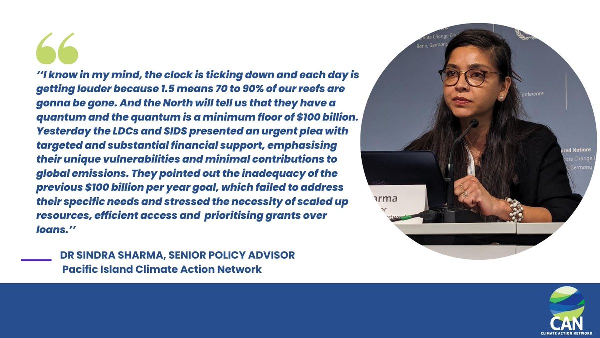 Climate Action Network International (CAN) (@canintl) on Twitter photo From <a href="/sindra_sharma/">Dr Sindra Sharma</a>, the Pacific Islands are facing the gravity of the climate crisis today, severe ecosystem loss and threat to life. This is a great moral wrong. The $100 billion goal is in no way adequate enough to meet the needs of climate finance.
#PayUp #ClimateFinanceNow From <a href="/sindra_sharma/">Dr Sindra Sharma</a>, the Pacific Islands are facing the gravity of the climate crisis today, severe ecosystem loss and threat to life. This is a great moral wrong. The $100 billion goal is in no way adequate enough to meet the needs of climate finance.
#PayUp #ClimateFinanceNow