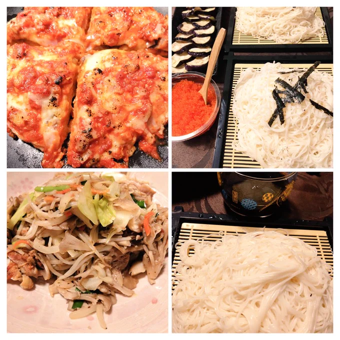 しごおわただいま!
昨日の夫ごはんは素麺2種食べ比べと茄子のお浸し、トマトとジャガイモの重ね焼き。
今夜は素麺(1種になった)と野菜炒め。
素麺は私の家では熱い卵とじダレを作って食べてましたが、夫の実家では椎茸と昆布の甘煮が入った濃厚なタレなのだそうで、今夜はそれ😋 