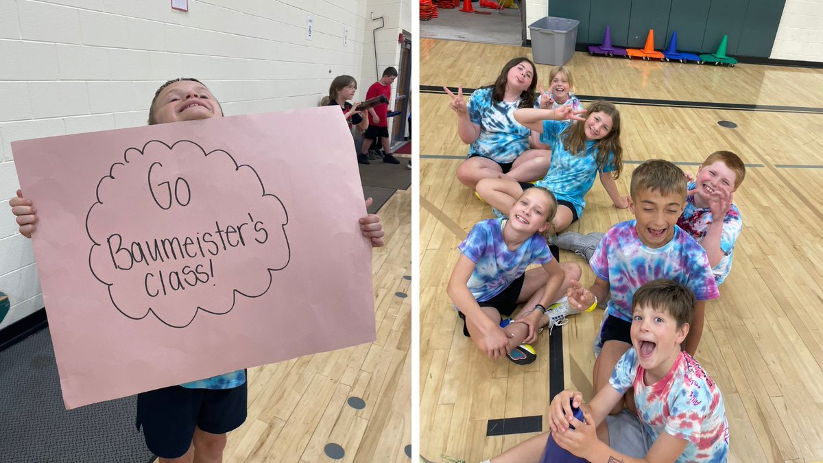ETCSD's tweet photo. Mrs. Baumeister’s class had a blast at fourth grade’s field last week. Prior to the competition, students tie dyed shirts to represent their class. 💙 Thank you to Mr. Peloquin for creating such a wonderful end of year celebration for our students! #ETlearningignitED https://t.co/rprESxK4y1