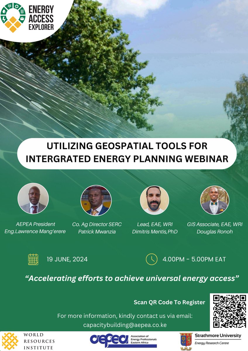 🗓️ June 19, join us for a webinar on universal energy access with the Association of Energy Professionals Eastern Africa &amp; <a href="/su_serc/">STRATHMORE ENERGY RESEARCH CENTRE</a>. We will discuss the role of geospatial tools for integrated energy planning + demonstrate #EnergyAccessExplorer. Register: bit.ly/3Ro8y4k