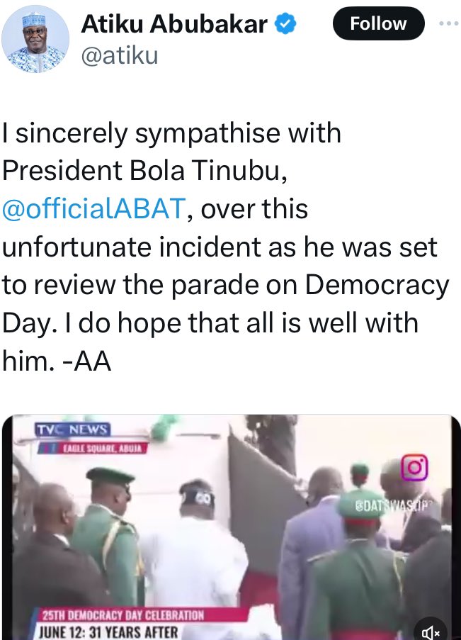 instablog9ja's tweet image. Presidential aspirant, Atiku Abubakar commiserates with President Tinubu after he slipped while climbing the presidential parade truck