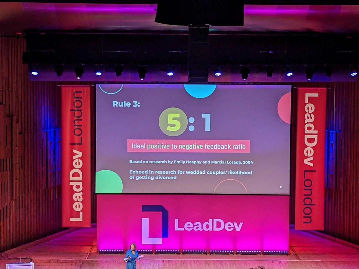 Loving <a href="/InnaWeiner/">Inna Weiner</a>'s talk on how "leadership surprises" include the value of kind words. I've heard the sh*t sandwich is a terrible way of giving bad feedback, but in fact we should give people _more_ positive feedback ... overall ... to build trust. #leadDevLondon