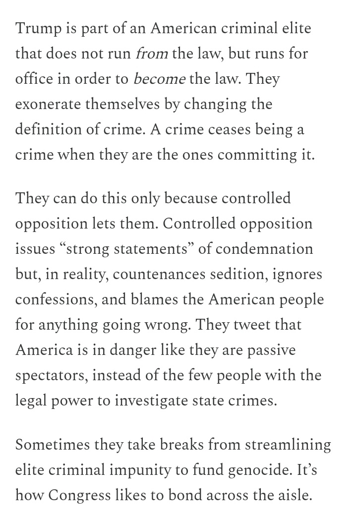 "Trump is part of an American criminal elite that does not run from the law, but runs for office in order to become the law."