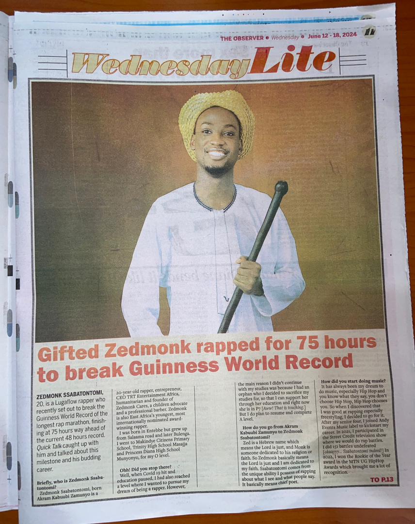 Rapwithzedmonk's tweet photo. Grab today's @observerug copy and read about my journey and the @GWR attempt for the Longest Rap Marathon.
Cc. @ErnestJjingo
#ZedmonksWorldRecord
#75hoursofRap https://t.co/nVBZxugza9