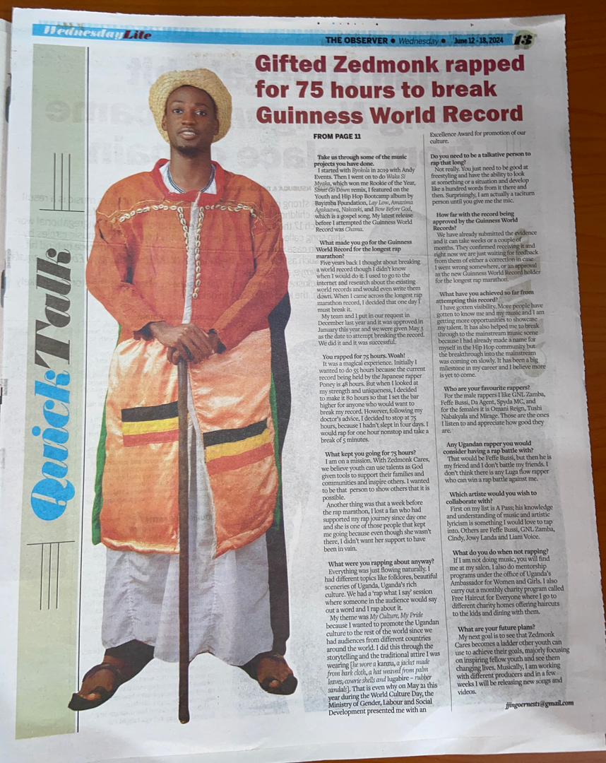 Rapwithzedmonk's tweet photo. Grab today's @observerug copy and read about my journey and the @GWR attempt for the Longest Rap Marathon.
Cc. @ErnestJjingo
#ZedmonksWorldRecord
#75hoursofRap https://t.co/nVBZxugza9