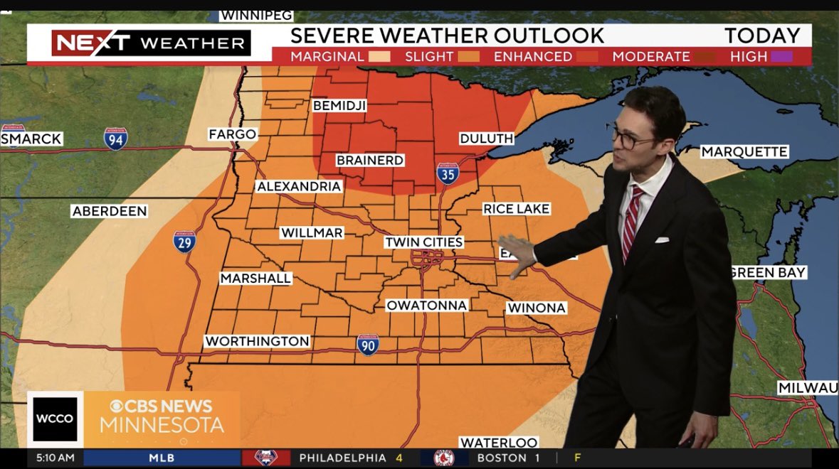 heatherbrown21's tweet photo. You’re going to need to be careful in Minnesota today. Large hail, damaging wind and potential for tornadoes could happen later this afternoon and/or evening. #NextWeatherAlert https://t.co/0SaVSLdmSK