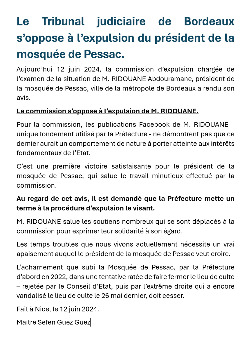 Me_GuezGuez's tweet photo. 🔴[Communiqué] Nouvelle victoire pour le président de la mosquée de Pessac, le Tribunal judiciaire de Bordeaux s'oppose à son expulsion vers le Niger! https://t.co/HIUkMoJOem