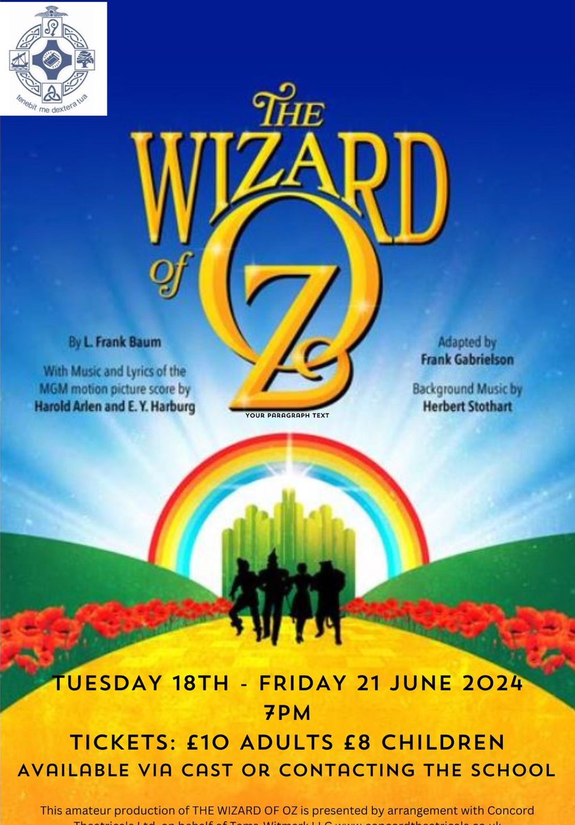 Make sure to get your tickets for our school show, ‘The Wizard of Oz’! Performances next Tuesday, Wednesday ,Thursday &amp; Friday. It’s a show not to miss! 🎭 🎶