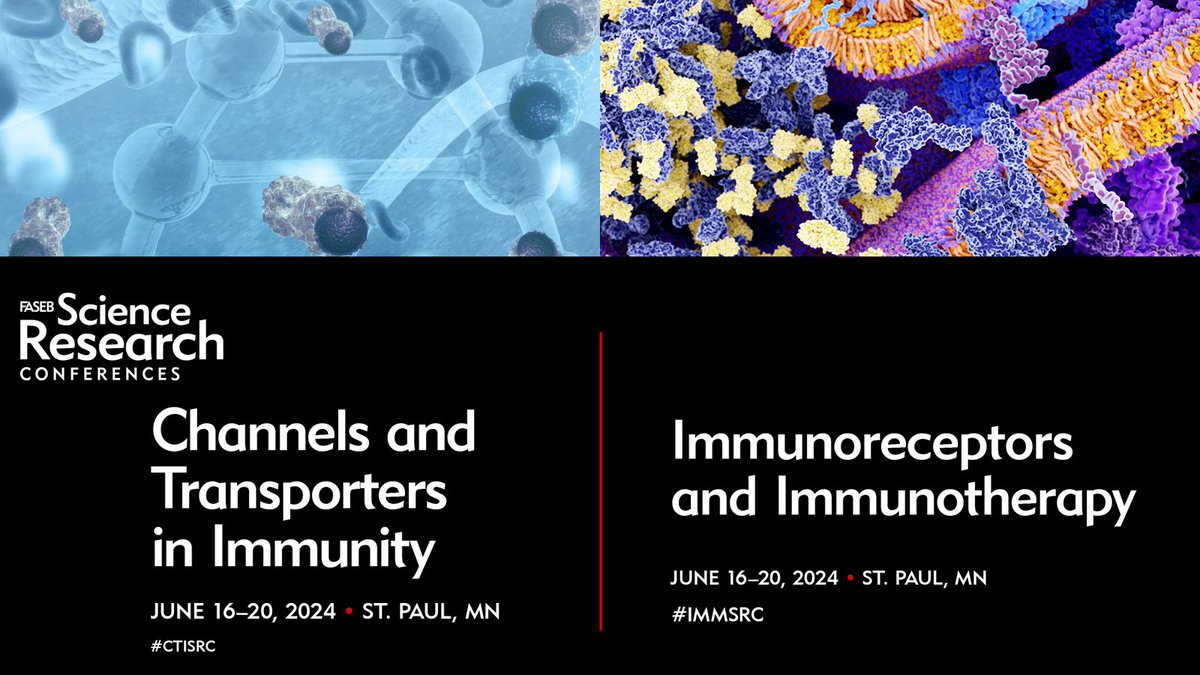 Two in one! Visit <a href="/FASEBorg/">FASEB</a>'s inaugural conference on Channels and Transporters in Immunity, taking place June 16-20 in St. Paul, MN, where you can also attend concurrent sessions on Immunoreceptors and Immunotherapy. cvent.me/7b7L9D
#CTISRC #IMMSRC