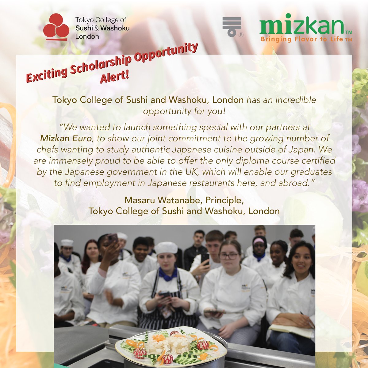 SushiCollegeUK's tweet photo. The Tokyo College of Sushi and Washoku, London announces the launch of its Scholarship programme in partnership with #Mizkan Euro for chefs wanting to advance their culinary expertise into Japanese cuisine.
#SushiChefTraining
#WashokuCourses https://t.co/4sO54oYuGc