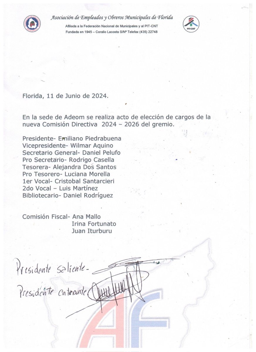 Estimados socios, damos a conocer las nuevas autoridades de nuestro sindicato, electas en la noche de ayer.

Sria. Prensa y Difusión A.F.