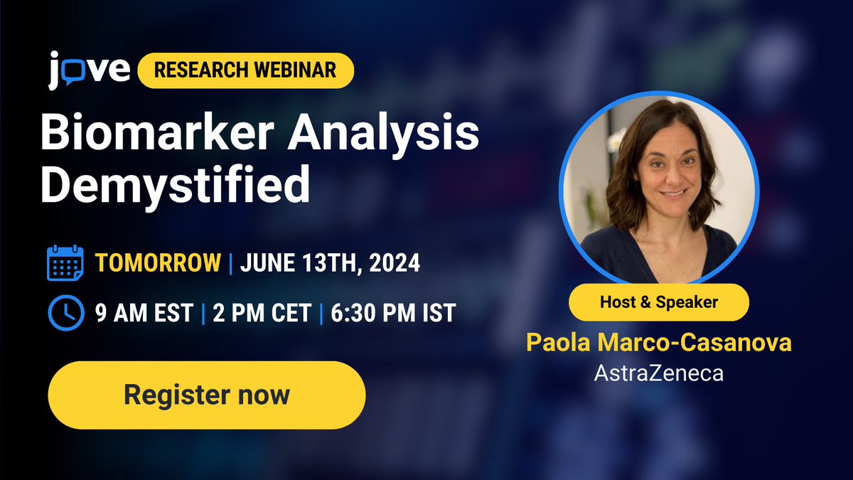 JoVEJournal's tweet photo. JoVE’s webinar on "Biomarker Analysis Demystified" is tomorrow.
Don’t forget to mark your calendar! 

Date: June 13th, 2024
Time: 9:00AM EST (2:00PM CET, 6:30PM IST)

Register now if you haven't already: https://t.co/5k5TcfcXtP

#ClinicalTrials #Biomarkers #JoVEwebinar https://t.co/wUifJDjoGp