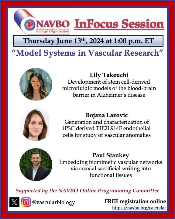 vascularbiology's tweet photo. Happening Thursday June 13th at 1 p.m. ET!! Join us for the #InFocusSession on Model Systems in Vascular Research!! Speakers were selected from Abstracts submitted to VB2023! These sessions are NOT recorded so be sure to attend!
Register 👉 https://t.co/0qRPHGjOAw https://t.co/FmEha8aEJM