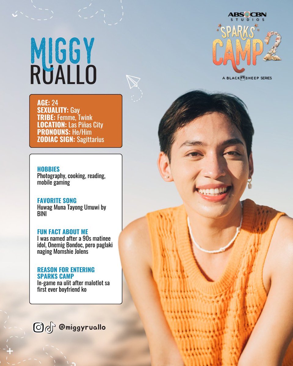 Black_SheepPH's tweet photo. CAMPER, REVEAL YOURSELF! ✨🏝️

Get to know more about Miggy at #SparksCampS2, premiering this June 26, 8 PM, exclusively on Black Sheep's YouTube Channel https://t.co/2VkaV5wU0W