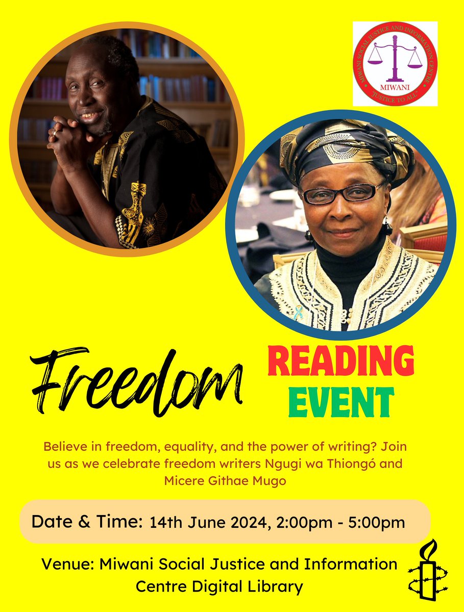 Join us <a href="/MiwaniCentre/">Miwani Social Justice & Information Centre</a> this Friday from 2PM as we unpack the writings of #KenyanFreedomWriters Ngugi wa Thiongo and Micere Githae Mugo. We are celebrating #KenyanFreedomWriters 
<a href="/MiwaniCentre/">Miwani Social Justice & Information Centre</a> 
<a href="/AmnestyKisumu/">Amnesty Kisumu Circle of Conscience</a>