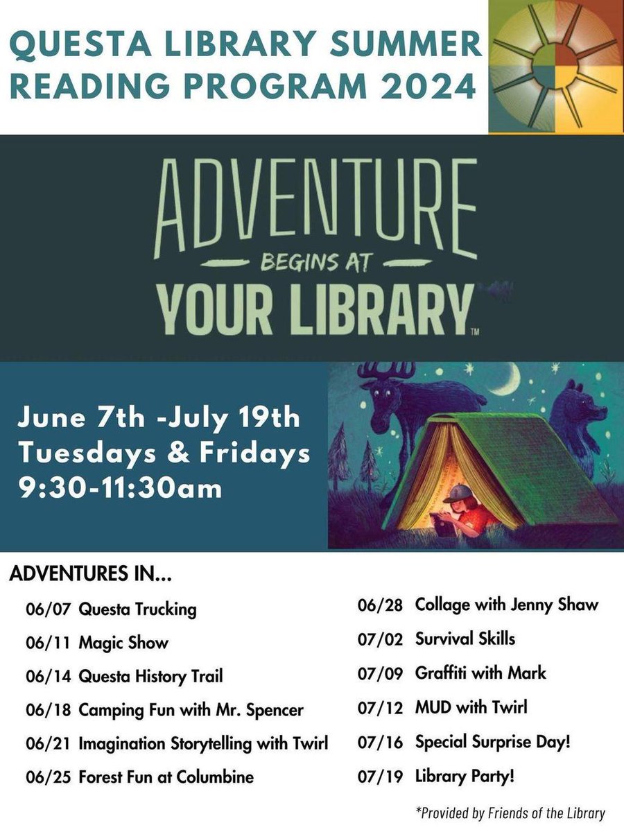 Join the Summer Reading Program, happening from June 7th to July 19th! Every Tuesday and Friday starting from 9:30-11:00 am at the Questa Library. 
#QuestaLibrary #SummerReadingProgram #FamilyFun #MagicShow"