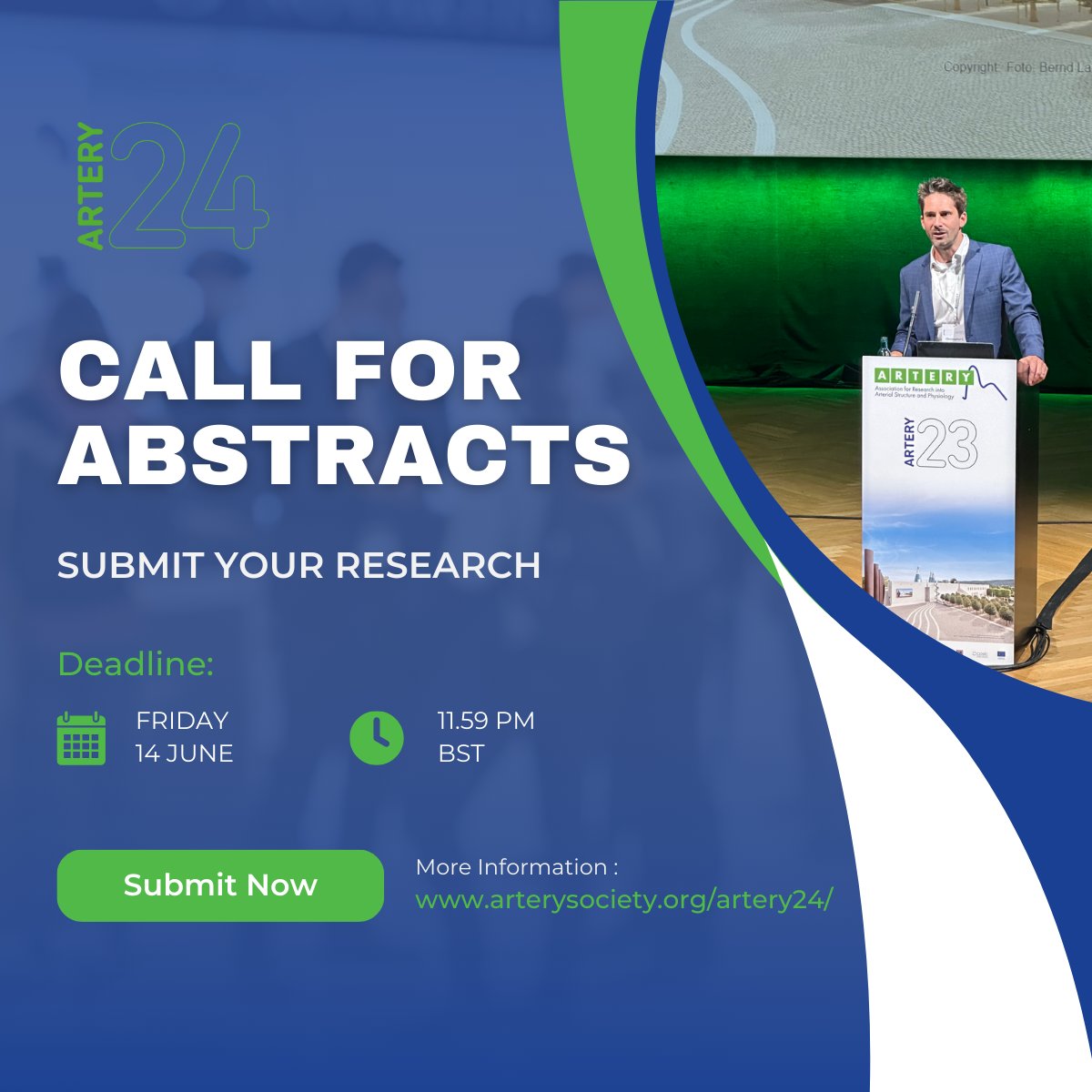 ARTERY Society (@arterysociety) on Twitter photo Reminder 📢 📢 📢
Submit your abstract here - arterysociety.org/artery24/
If you have any questions regarding your submission, please email artery@conferencecollective.co.uk.
Applications close on 14 June 2024 Reminder 📢 📢 📢
Submit your abstract here - arterysociety.org/artery24/
If you have any questions regarding your submission, please email artery@conferencecollective.co.uk.
Applications close on 14 June 2024