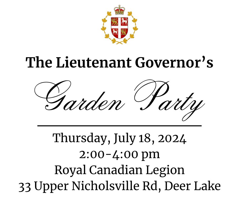 LtGovNL's tweet photo. Join the Lieutenant Governor of Newfoundland and Labrador for a traditional summer Garden Party.

All are welcome, we look forward to seeing you in Deer Lake! https://t.co/xJ9B6KhQ1o