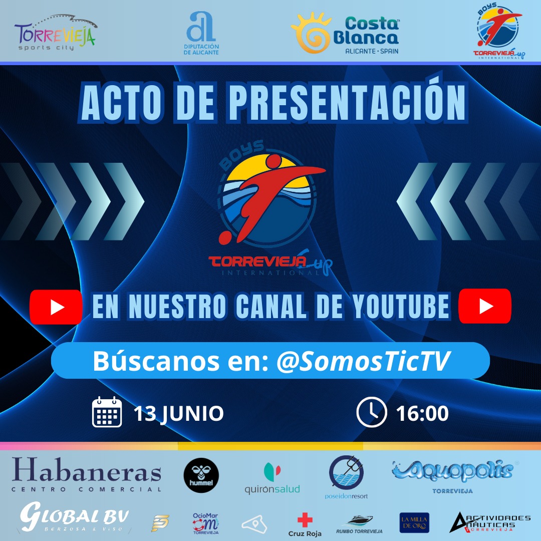 Torrevieja Int. Cup (@torreviejacup) on Twitter photo 🔵‼️ Acto de presentación de la modalidad de Fútbol Boys en la <a href="/TorreviejaCup/">Torrevieja Int. Cup</a> 2024
📲 youtube.com/@SomosTicTV
🗓️ Mañana 13 de junio a las 16:00 en nuestro canal de YouTube
😱 No te lo pierdas
#TorreviejaIntCup2024 #TIC2024 #TICSemanaSanta2024 #TICVerano2024 #balonmano #futsal 🔵‼️ Acto de presentación de la modalidad de Fútbol Boys en la <a href="/TorreviejaCup/">Torrevieja Int. Cup</a> 2024
📲 youtube.com/@SomosTicTV
🗓️ Mañana 13 de junio a las 16:00 en nuestro canal de YouTube
😱 No te lo pierdas
#TorreviejaIntCup2024 #TIC2024 #TICSemanaSanta2024 #TICVerano2024 #balonmano #futsal