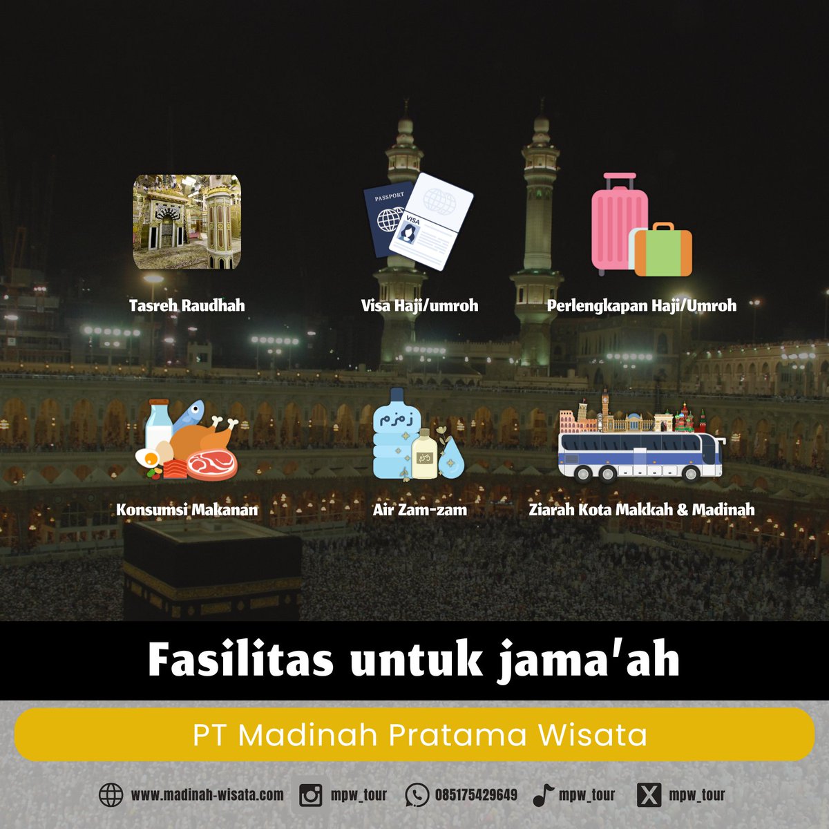 Gaperlu khawatir, Madinah Pratama Wisata selalu memberikan fasilitas premium lho untuk setiap jama'ahnya. Tunggu apalagi? kepoin yuk! ✨
————
Untuk informasi lebih lanjut bisa kunjungi website kami ya di madinah-wisata.com dan hubungi kami dinomor

✅ ADMIN 0851-7542-9649
