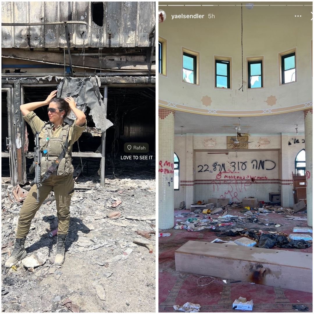RamAbdu's tweet photo. An American soldier named Yael Sendler serving in the Israeli army posted photos from inside the mosque of Rafah on Gaza’s border with Egypt, showing insults against Prophet Mohammad (PBUH) https://t.co/a6usc52OK8