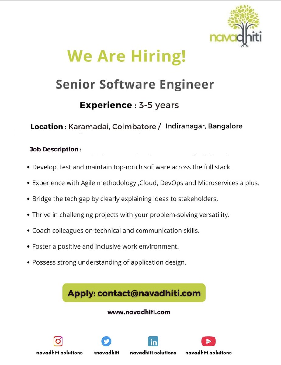 navadhiti's tweet image. Join us!
As a skilled and experienced #SeniorSoftwareDeveloper, come join us on our journey at NavaDhiti, where we strive to have a thriving positive and inclusive environment. Apply now and lets make an impact togther!
#TechJobs #NavaDhiti #NavaDhitiSolutions