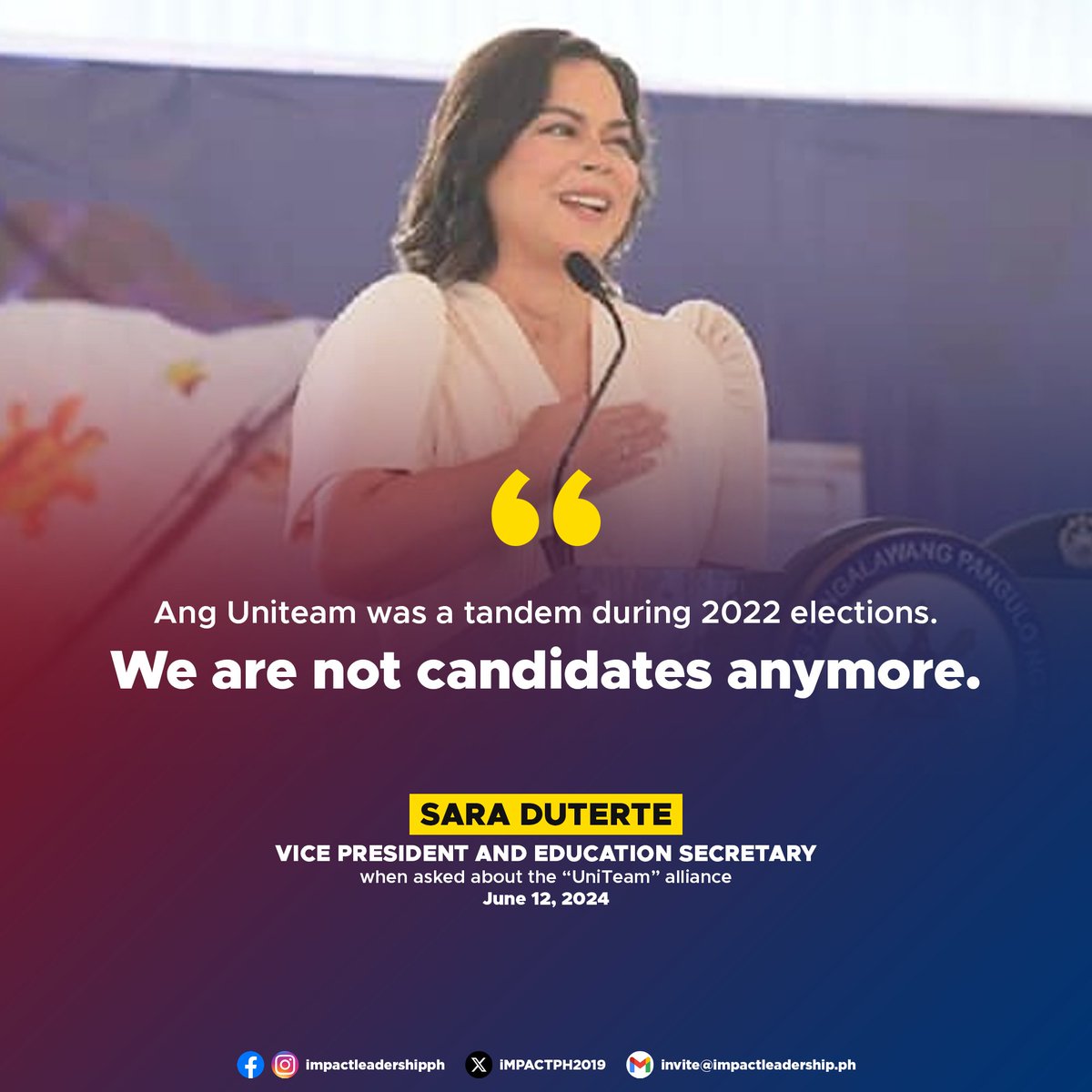 iMPACTPH2019's tweet photo. CHAPTER CLOSED?

Vice President and Education Secretary Sara Duterte says they are no longer candidates when asked about the "UniTeam" alliance. Duterte also thanked those who supported the alliance. https://t.co/0BJm0l0ffs