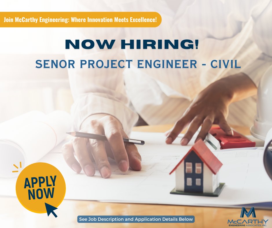 McCarthyEng's tweet photo. Now Hiring: Senior Project Engineer – Civil!

Are you passionate about shaping the future of infrastructure? Join us as a Senior Project Engineer! Please email your resume to info@mccarthy-engineering.com to apply!

#McCarthyEngineering #MCE #CivilEngineering https://t.co/IBpbd6ePFI