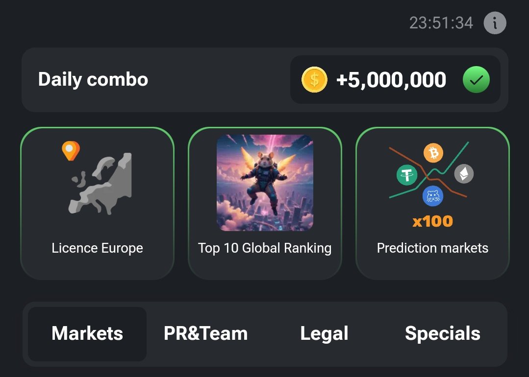 Today's hamster daily combo, 
1 on Markets , 1 on Legal, 1 on Specials,
For everyday hamster combo updates: Follow &amp; Like &amp; Retweet 
 🔴 Join to our most active squad on yescoin for massive bonus and upgrades: 
t.me/theYescoin_bot…