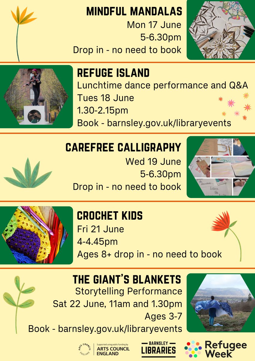 BarnsleyLibs's tweet photo. We have a great line up of activities for you to try out next week in celebration of Refugee Week, from alternative and creative nights out to lunchtime performances.

All are welcome to join us!
Find out more https://t.co/7tistoogQJ

#refugeeweek2024 https://t.co/IXLUyW0gHr