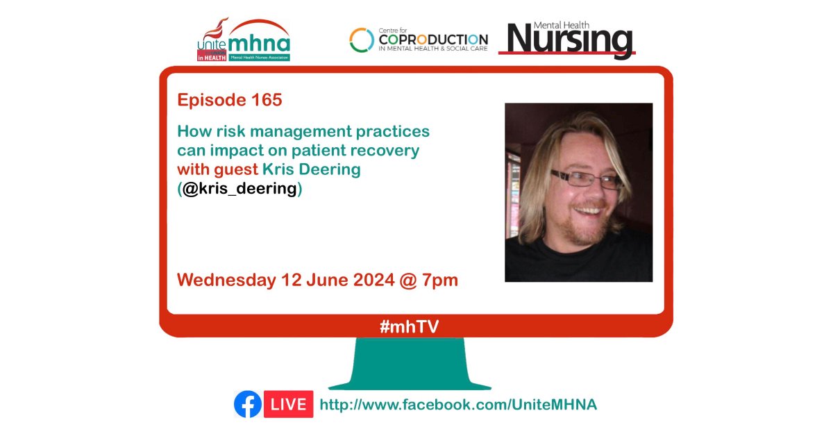 Unite_MHNA's tweet photo. On tonight's #mhTV, @niadla &amp; @davidamunday will be talking to @kris_deering about 'How risk management practices can impact on patient recovery'. You can join in the session live at 19:00 via: https://t.co/Wa1iEDsUr1. https://t.co/hRDPdcvdL5